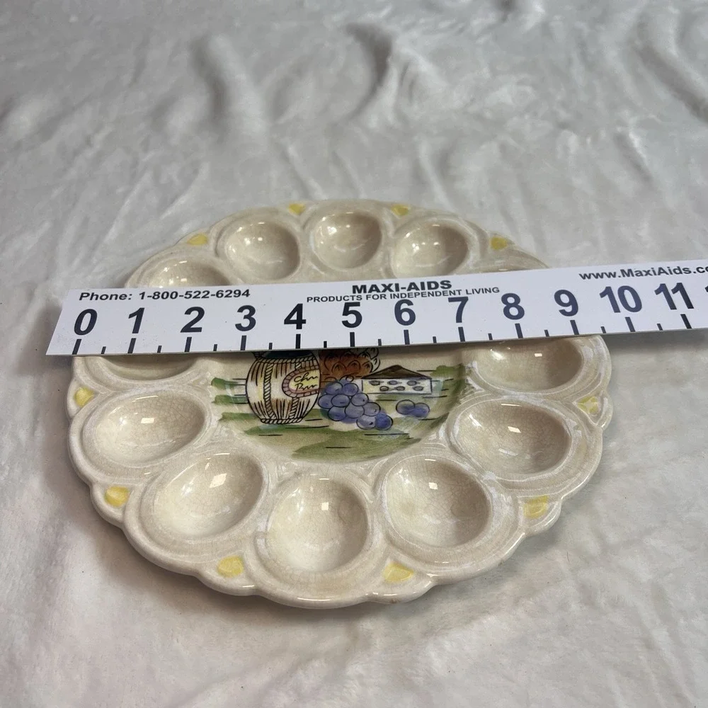 Vintage Ceramic Deviled Egg Platter 12 Egg Wine Cheese Grapes 9.25